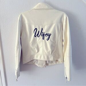 DAVIDS BRIDAL WIFEY Faux Leather Jacket Moto Wedding White Cream